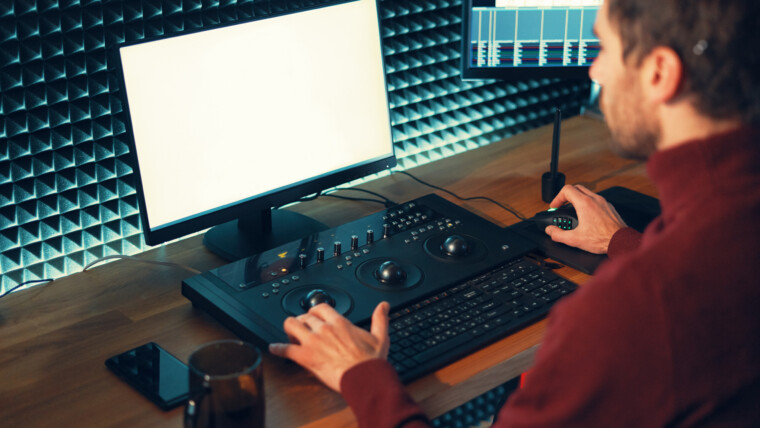 Mężczyzna filmowiec edytuje i wycina materiał i dźwięk na swoim komputerze osobistym