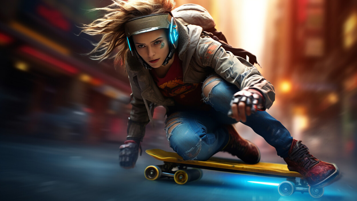 Cyberpunk kobieta robiąca slalom jazda iskra z deskorolki