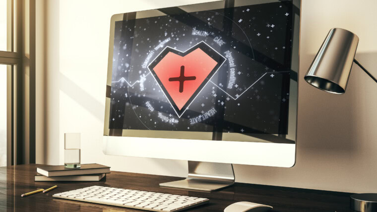 Kreatywny abstrakcyjny hologram pulsu serca na nowoczesnym monitorze komputerowym koncepcja konsultacji medycznych online Renderowanie 3D