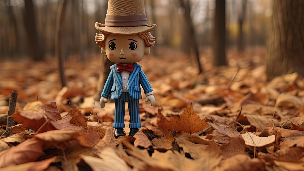 Mała lalka stojąca w liściach jesiennego lasu w stylu smilecore