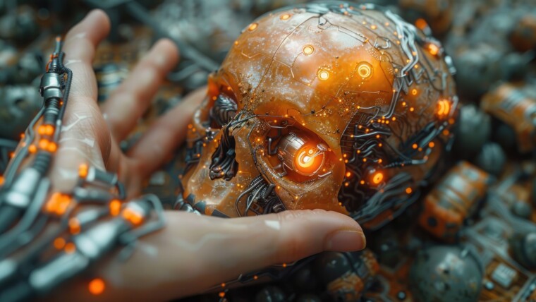 Ekstremalne zbliżenie cybernetycznego układu interfejsu neuronowego wszczepionego do ludzkiego mózgu w cyfrowej konstrukcji