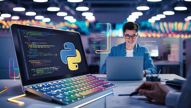 Koncepcja uczenia się języka programowania Python z osobą i laptopem