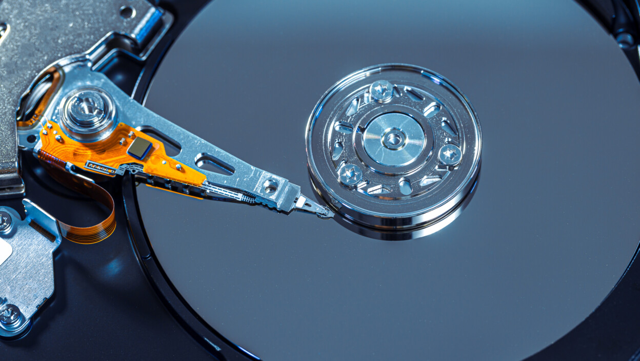 Close up of hard disks internal mechanism hardware