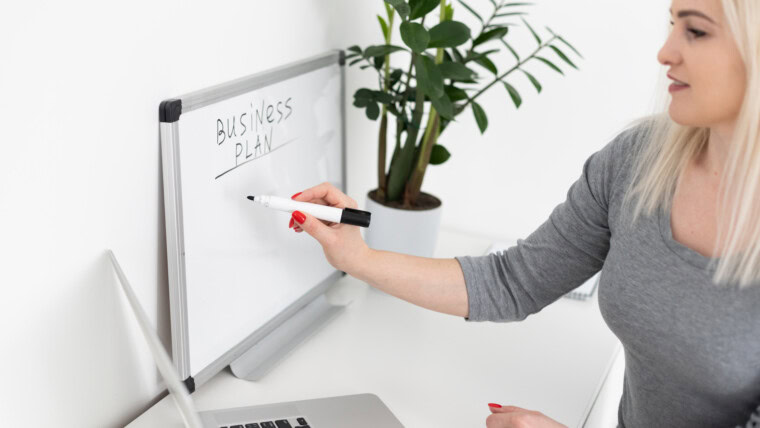 Wszystko musi być zaplanowane. Atrakcyjna młoda kobieta pisze coś na tablicy. kobieta pisze biznesplan.