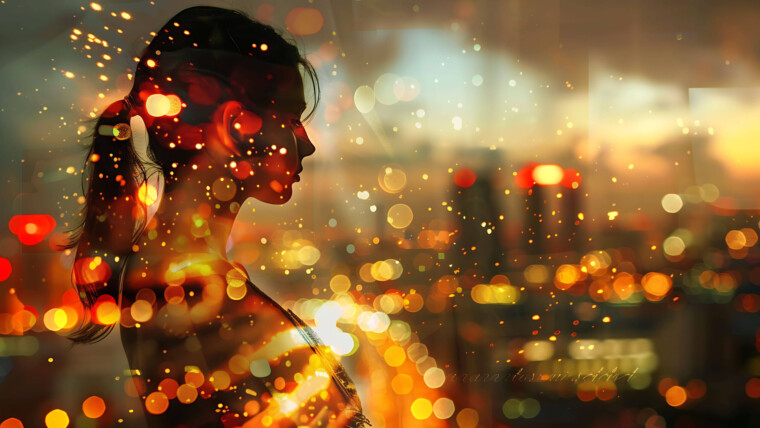 Kobieta patrząca przez okno z słowami "miłość" na ekranie.