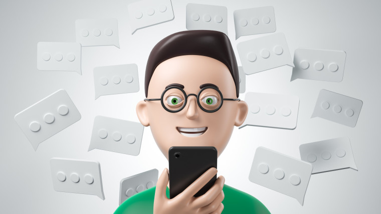 Kreskówka brunet mężczyzna zielona koszulka czarne okulary za pomocą smartfona białe wiadomości w chmurze 3d render
