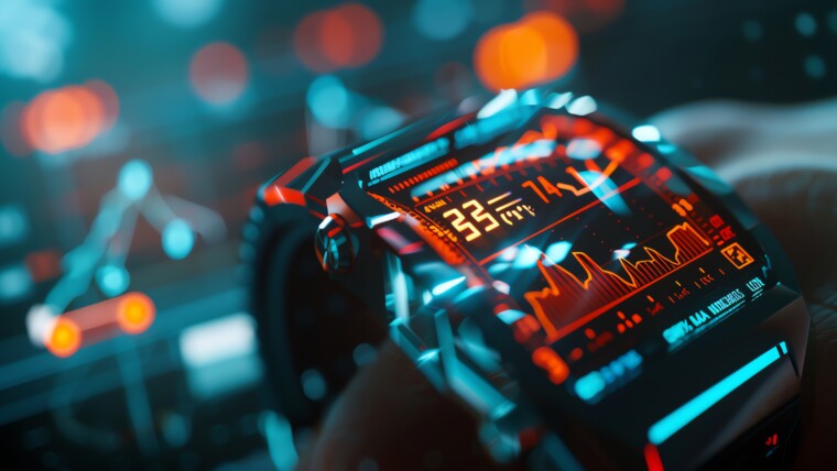 Futuristyczny smartwatch z jasnoczerwonym wyświetlaczem pokazującym wykres i dane