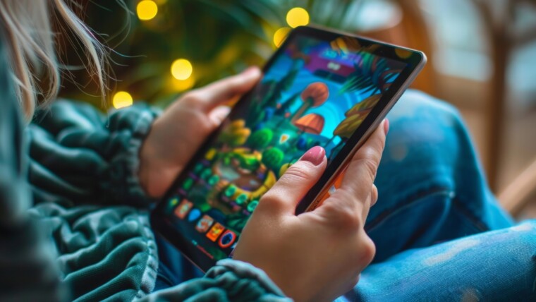 Obraz kogoś grającego w wirtualną grę pamięci na tabletie podczas podróży wykorzystując czas przerwy