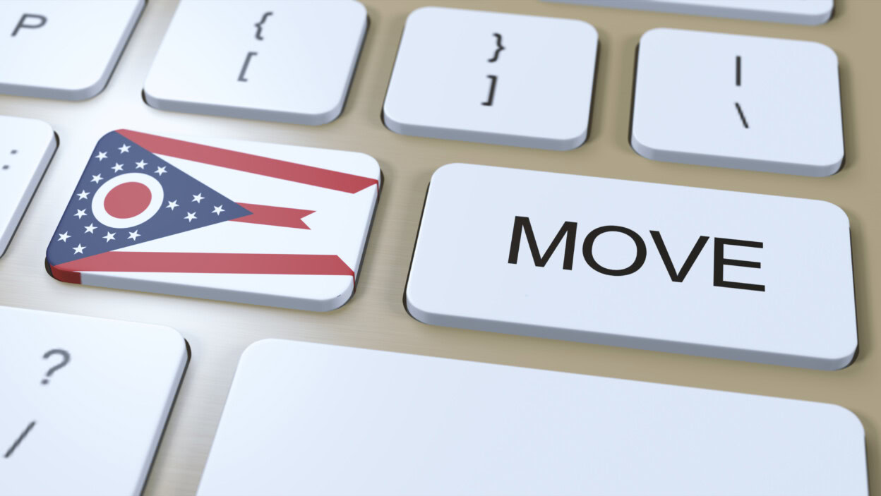 Flaga stanu Ohio z ilustracją 3D przycisku Move Text