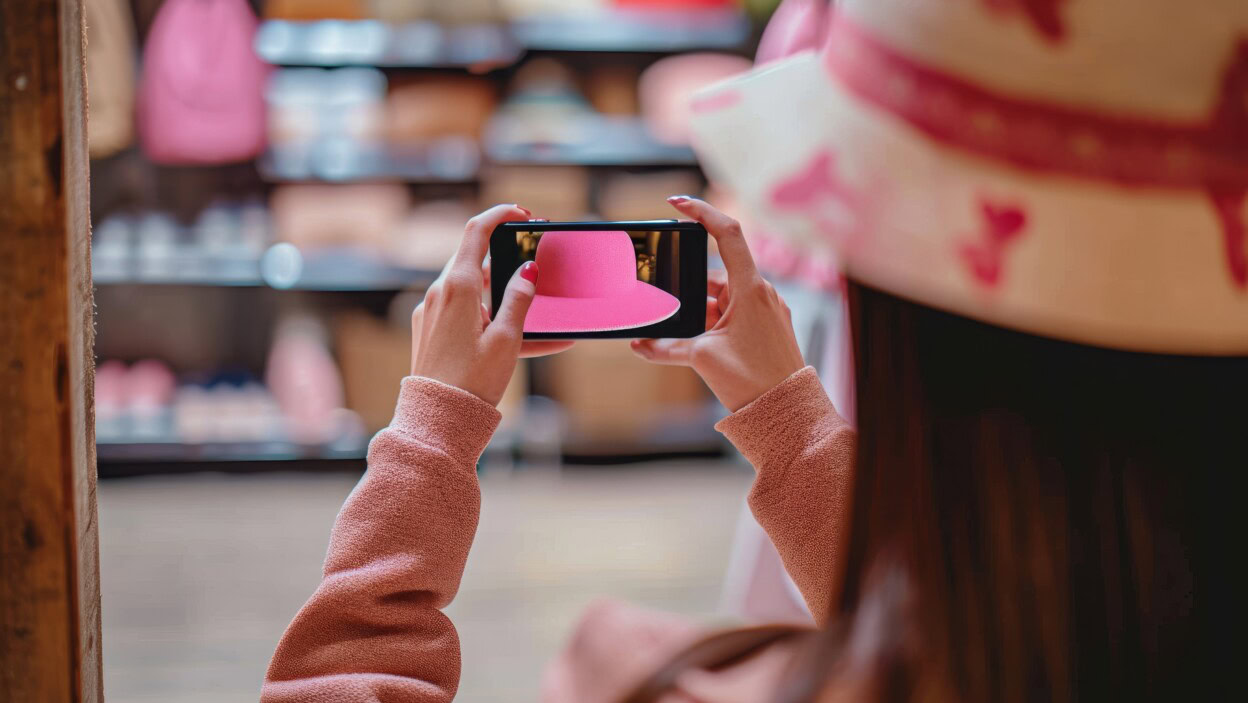 Kobieta fotografuje różowy kapelusz, aby opublikować nowy przedmiot w swoim sklepie internetowym.