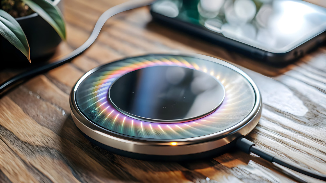 Bezprzewodowa podkładka do ładowania z holograficznym wskaźnikiem poziomu baterii Koncepcja technologii futurystycznej z