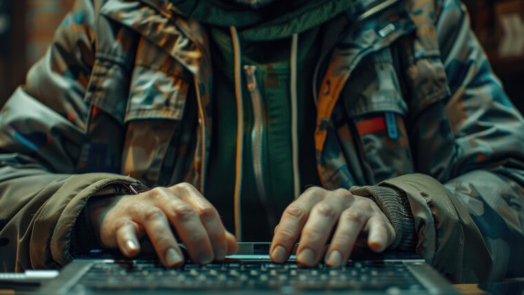 Mężczyzna w zielonej kurtce pracuje nad laptopem.