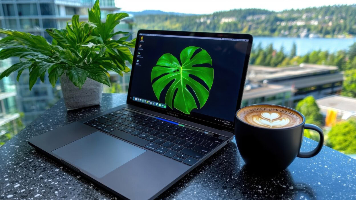 Zdalne ustawienie pracy z laptopem filiżanką kawy i pięknym widokiem z okna tworząc spokojne środowisko robocze