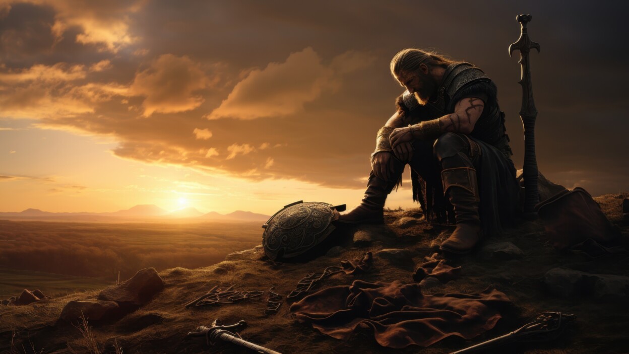 Samotny, zmęczony wojownik wikingów klęczący z mieczem umieszczonym na wzgórzu.