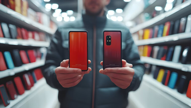 3D Shopper Porównujący dwa smartfony koncepcja jako Candid strzał kupującego trzymający dwa smartfony w
