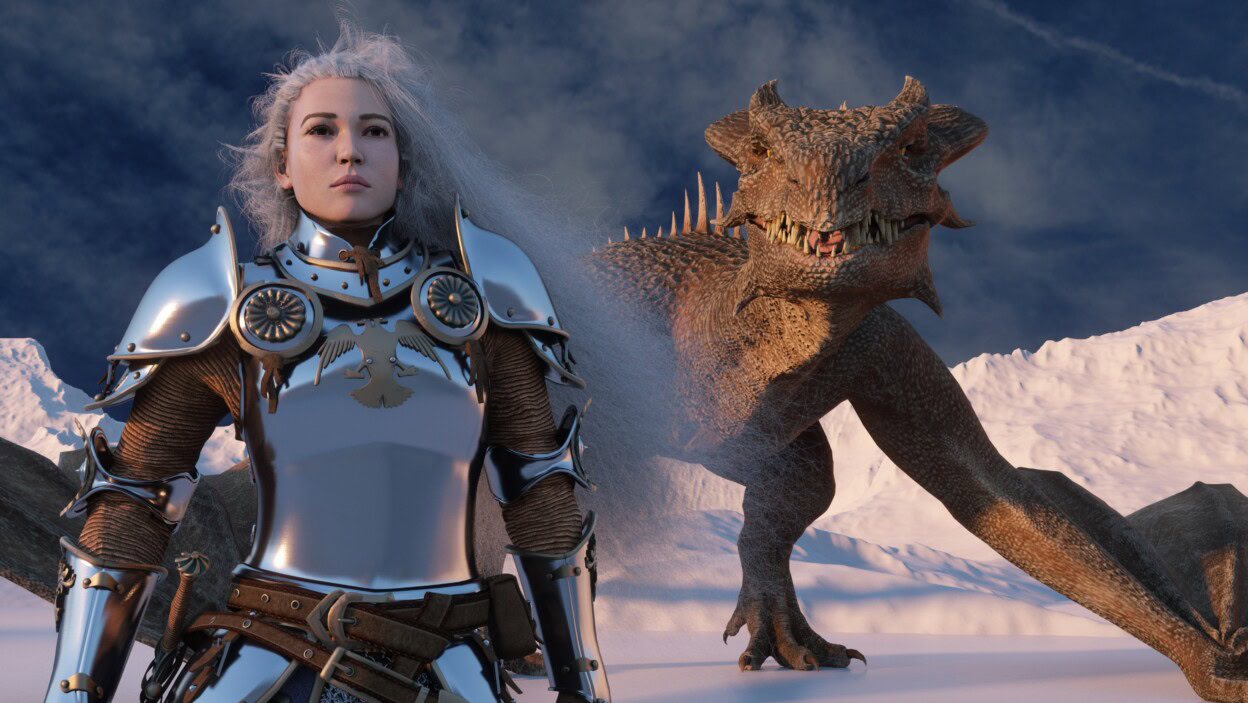 Białowłosa kobieta wojownik rycerz stoi z wyciągniętym mieczem i smokiem z tyłu na tle ośnieżonych gór Fantasy grafika scena CGI animacja renderowanie 3d