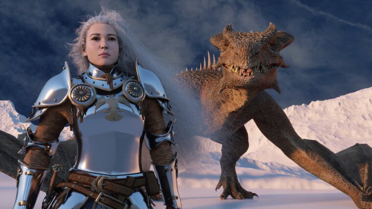 Białowłosa kobieta wojownik rycerz stoi z wyciągniętym mieczem i smokiem z tyłu na tle ośnieżonych gór Fantasy grafika scena CGI animacja renderowanie 3d