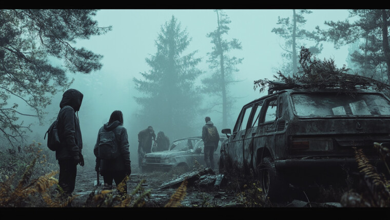 Grupa ludzi stoi obok samochodu, który ma drzewo na szczycie