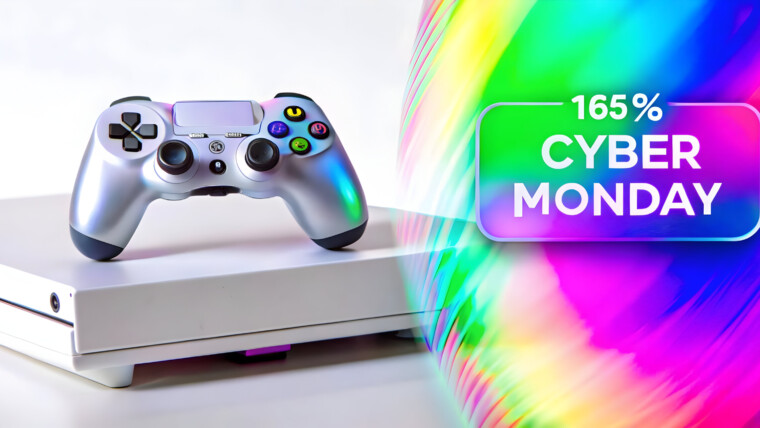 3D Floating Gaming Console z holograficznym kontrolerem i ikoną zniżki Cyber Monday