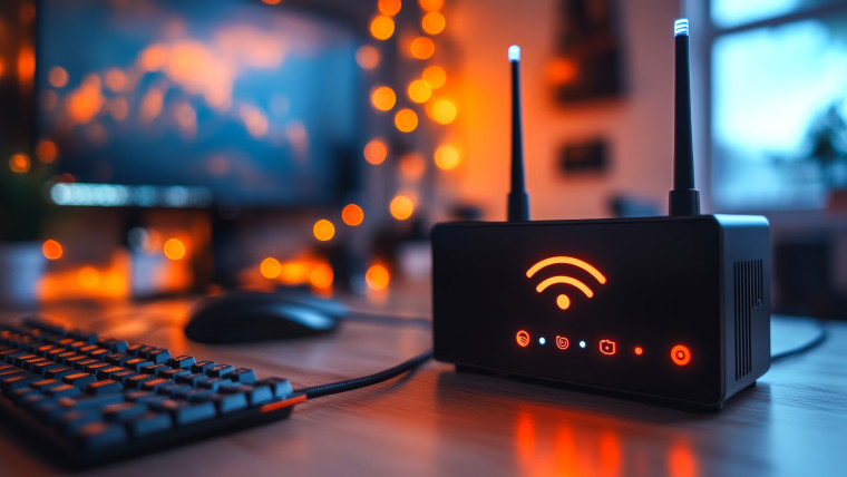 Czarna skrzynka z symbolem Wi-Fi siedzi na drewnianym stole obok klawiatury komputera. Pokój jest słabo oświetlony, co nadaje mu przytulną i intymną atmosferę.