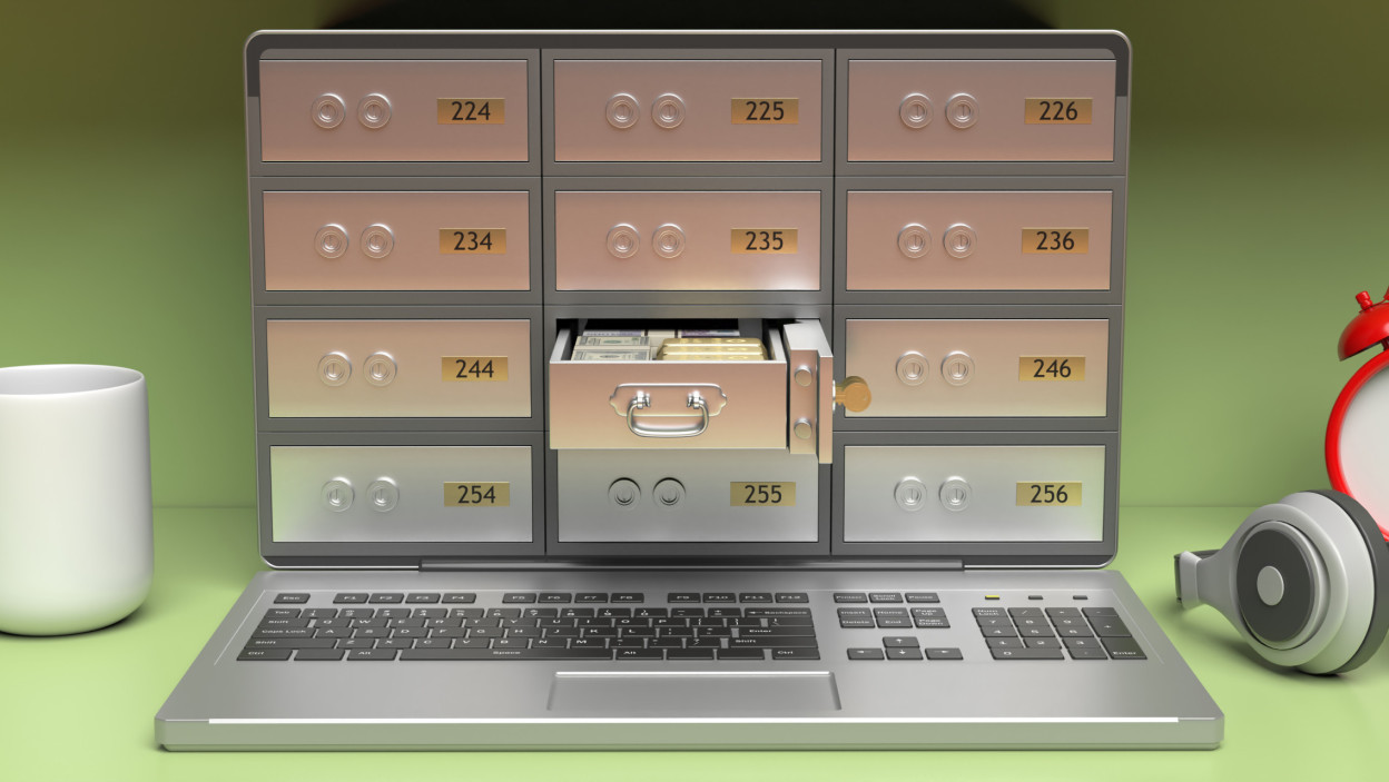 Safe bank deposit and open drawer laptop screen on office desk 3d illustration