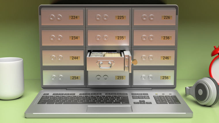 Safe bank deposit and open drawer laptop screen on office desk 3d illustration