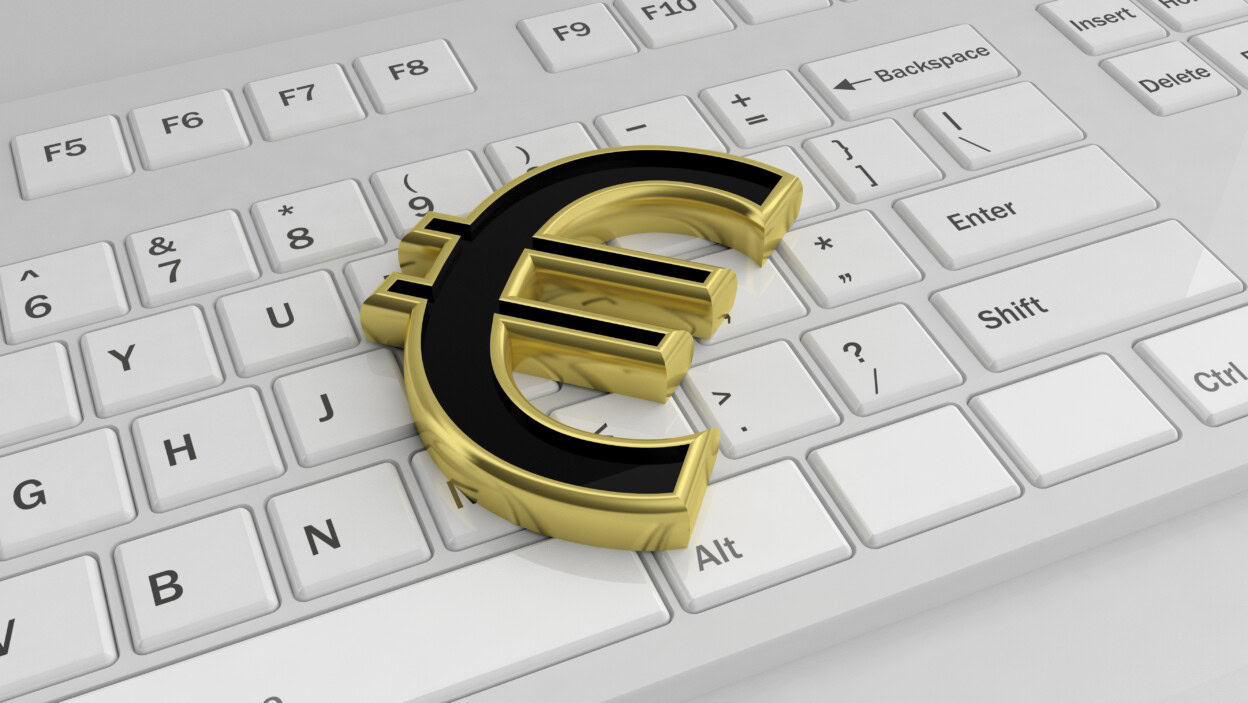 Symbol euro renderowania 3D na białej klawiaturze