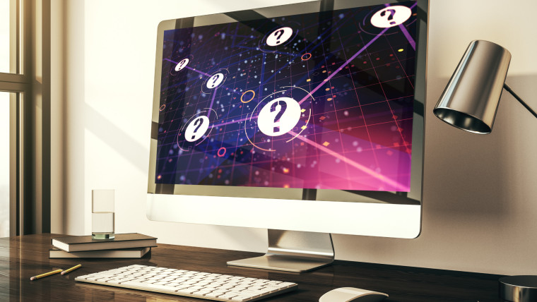 Nowoczesny monitor komputerowy z hologramem ze znakiem zapytania Koncepcja socjologii i psychologii Renderowanie 3D