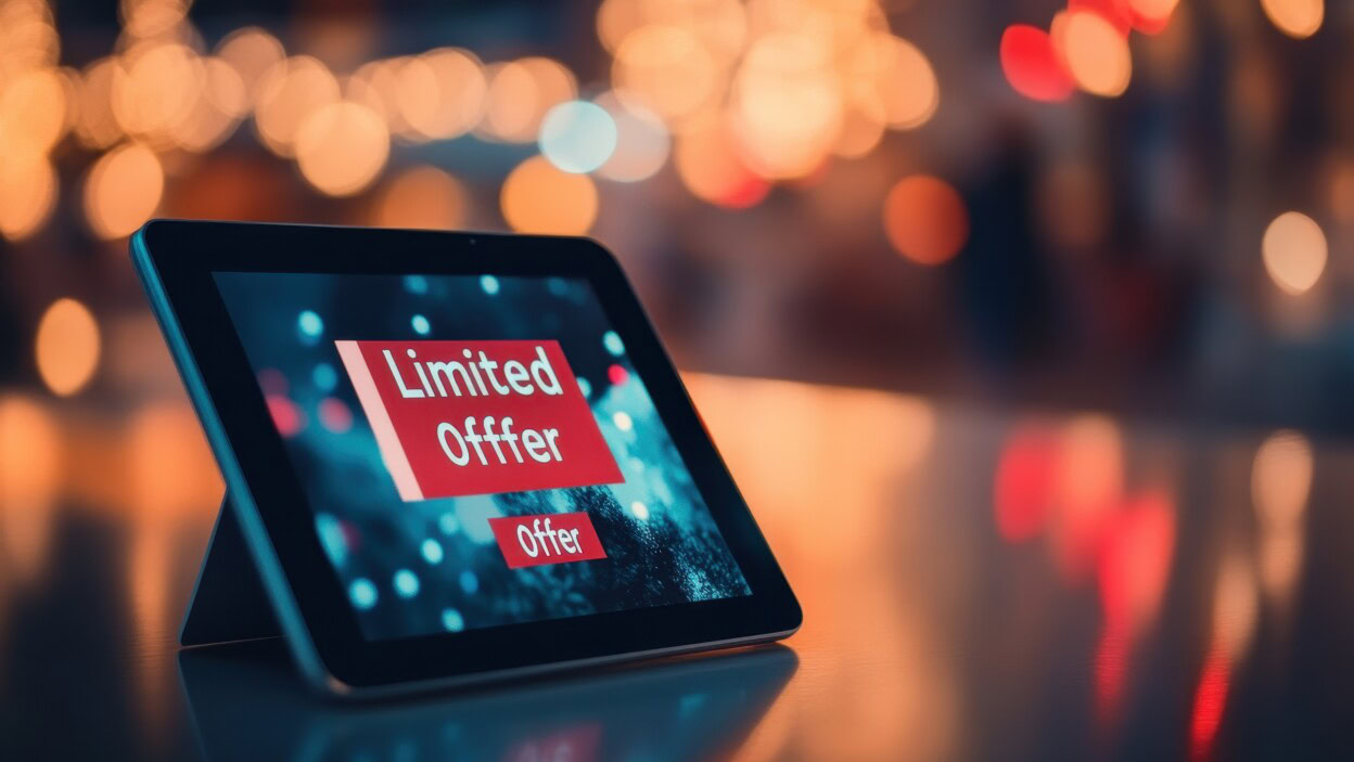 Reklamy sprzedaży cyfrowej na tabletie Ekran tabletu wyświetlający obrotowy banner reklamowy z ograniczoną ofertą czasową