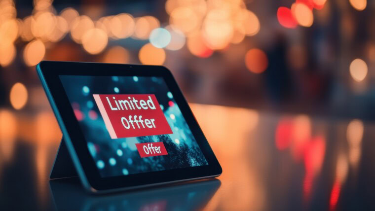 Reklamy sprzedaży cyfrowej na tabletie Ekran tabletu wyświetlający obrotowy banner reklamowy z ograniczoną ofertą czasową