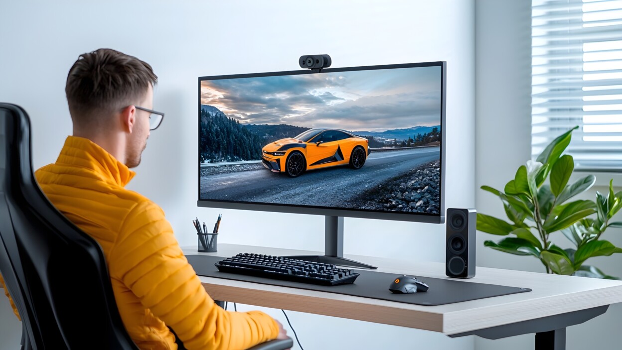 Minimalistyczne biuro domowe z dużym monitorem i ergonomicznym krzesłem na czystym białym tle