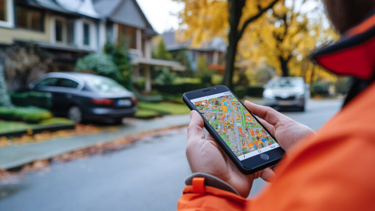 osoba trzymająca telefon komórkowy z mapą na ekranie