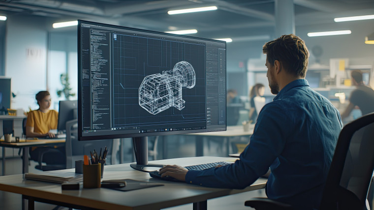 Mężczyzna w niebieskiej koszuli pracuje na komputerze z oprogramowaniem do projektowania mechanicznego w jasnej przestrzeni biurowej w nowoczesnym stylu technologicznym