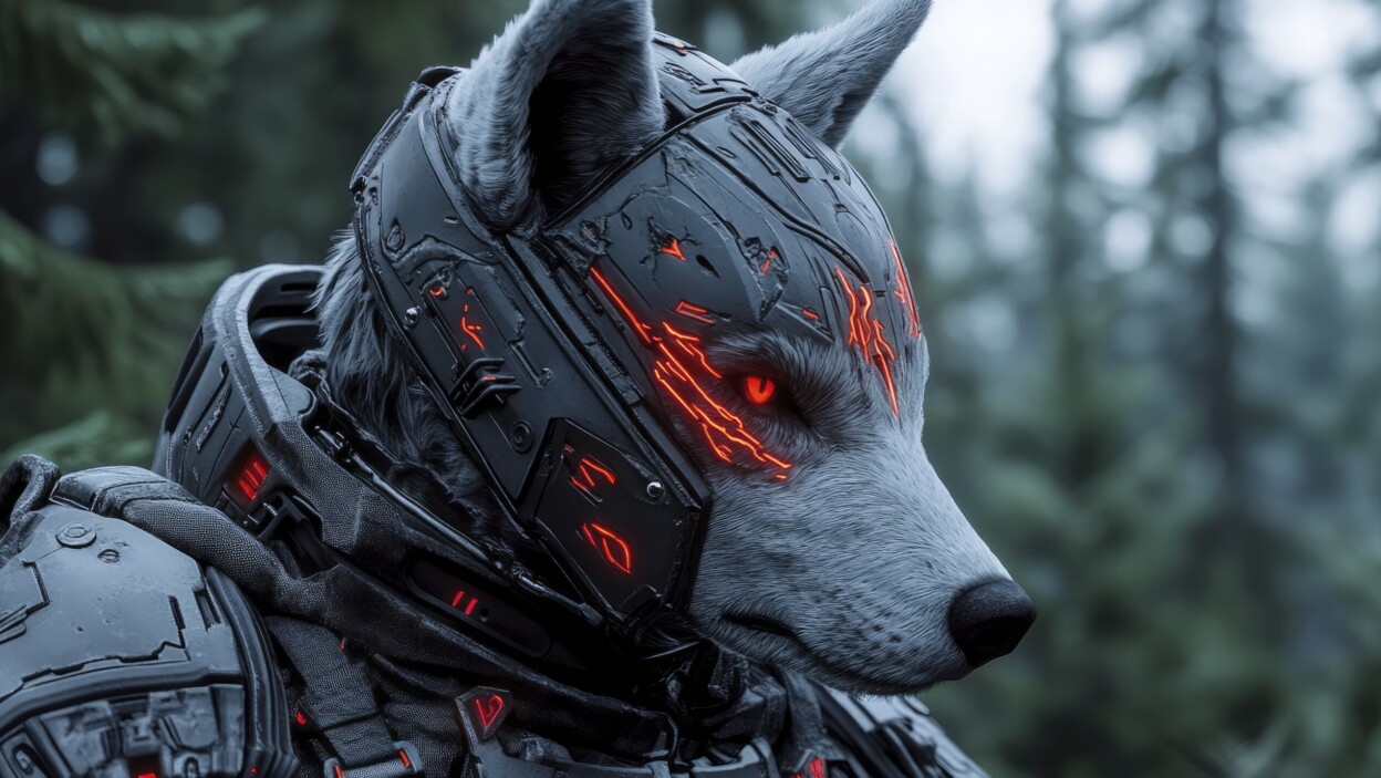 Cybernetyczny wilk w lesie Futuristyczne antropomorficzne stworzenie w zaawansowanej zbroi