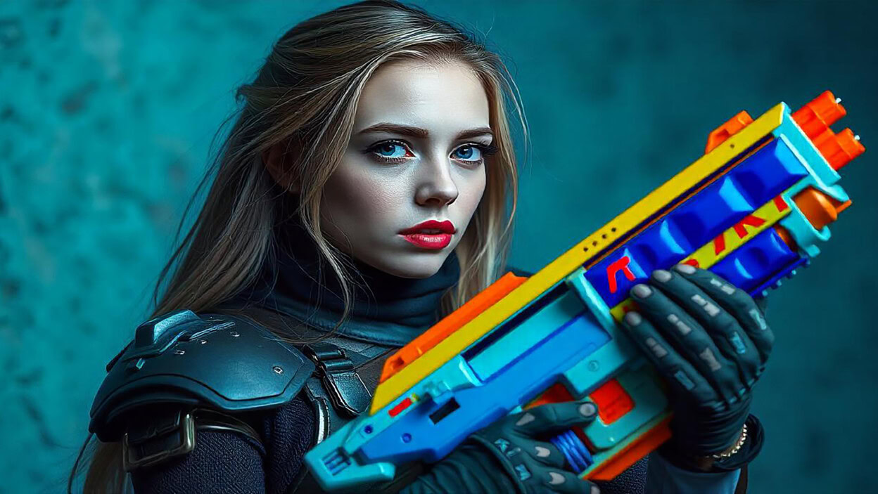 Średni portret białej kobiety ubranej w zbroję trzymającej kolorowy pistolet nerf