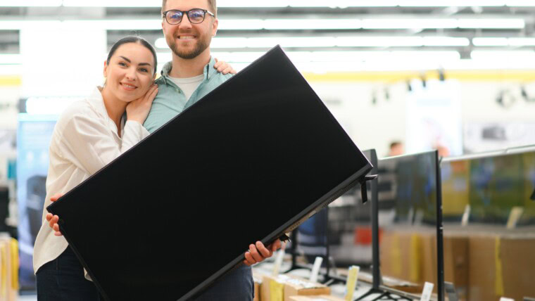 Młoda para wybiera telewizor plazmowy w sklepie z sprzętem domowym, elektroniką i gadżetami Kupowanie nowego telewizora w dniu wyprzedaży