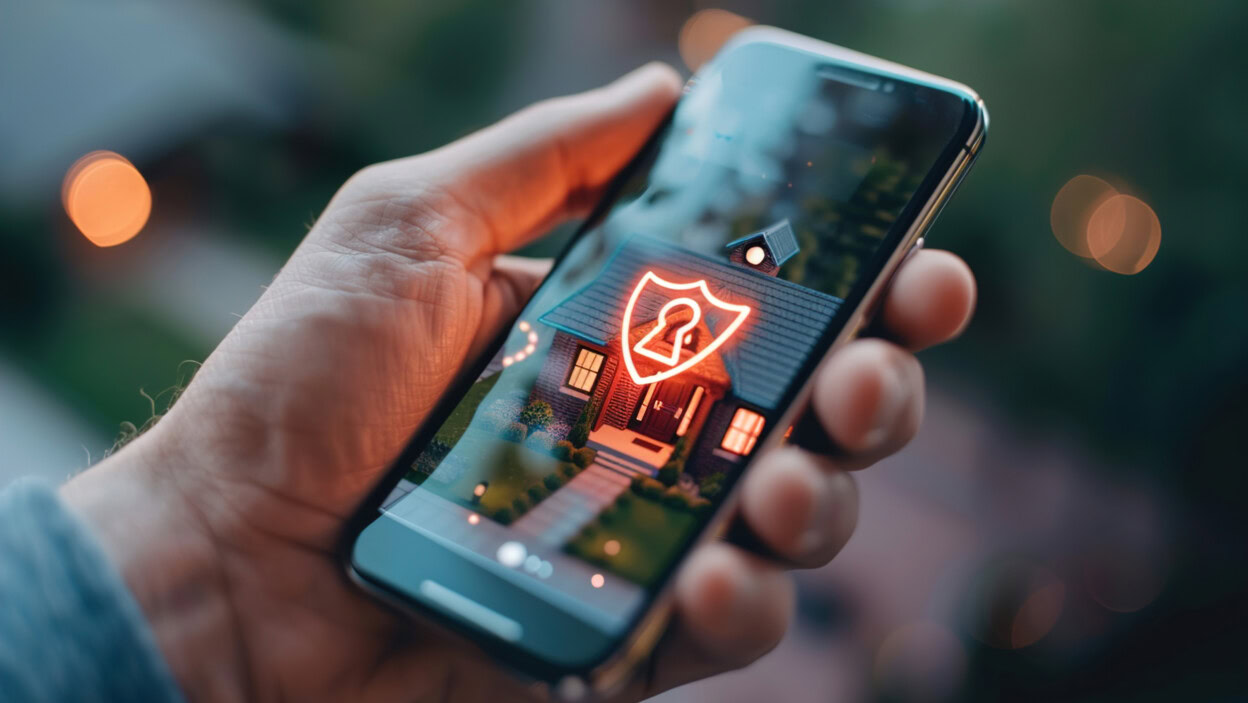 Światła zamek i hologram osłony pokrywają elegancki inteligentny dom symbolizujący bezpieczeństwo