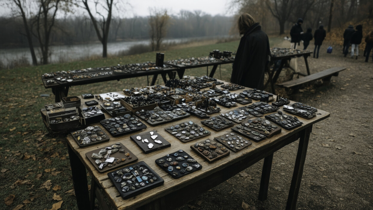 Rynek starożytności z różnymi wyjątkowymi przedmiotami na stołach przy rzece w jesieni