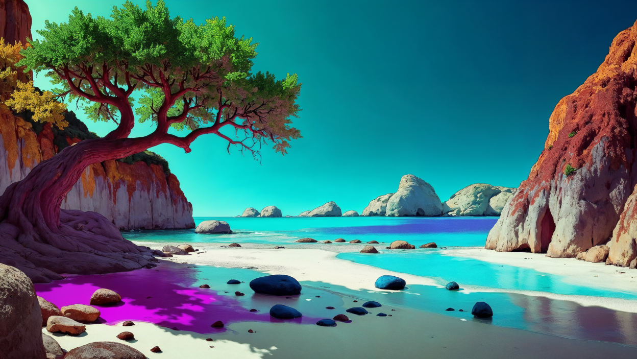 Malowniczy krajobraz wybrzeża z drzewem i skałami