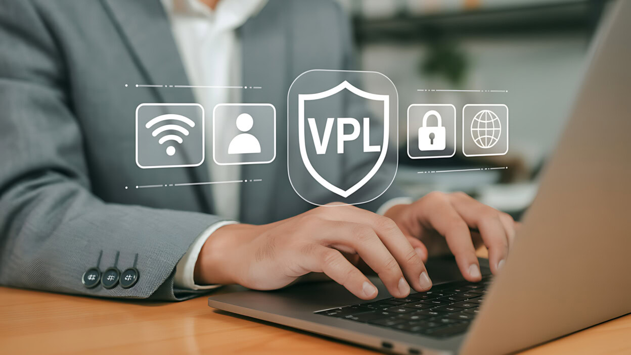 Cybersecurity and Online Privacy Man Using Laptop with VPN Protection
