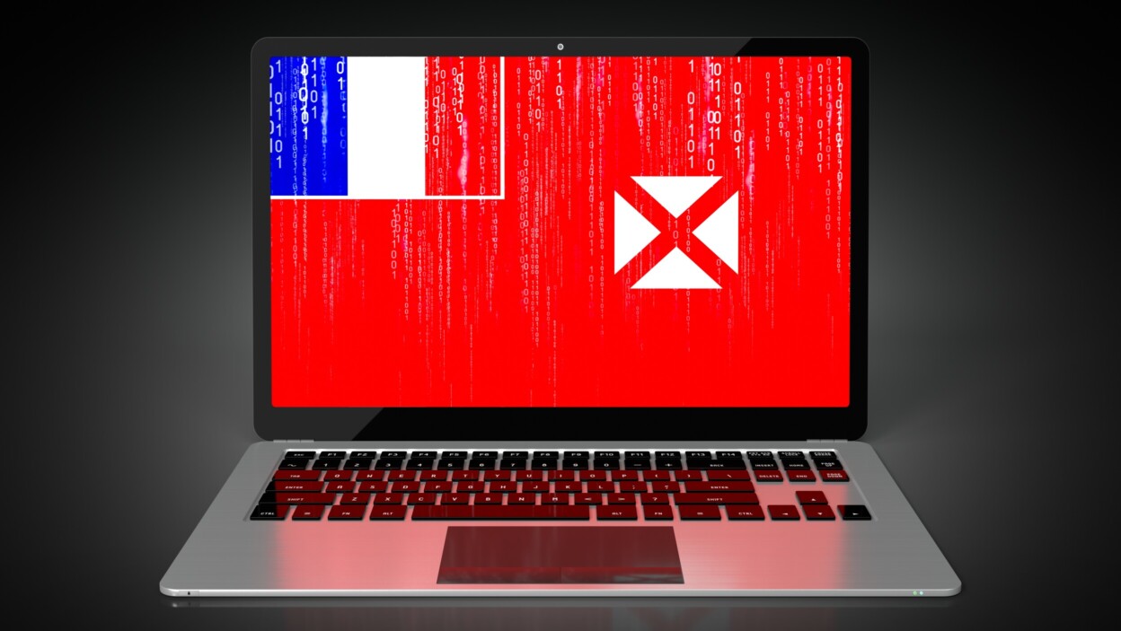 Flaga kraju Wallis i Futuna oraz kod binarny na ilustracji 3D ekranu laptopa