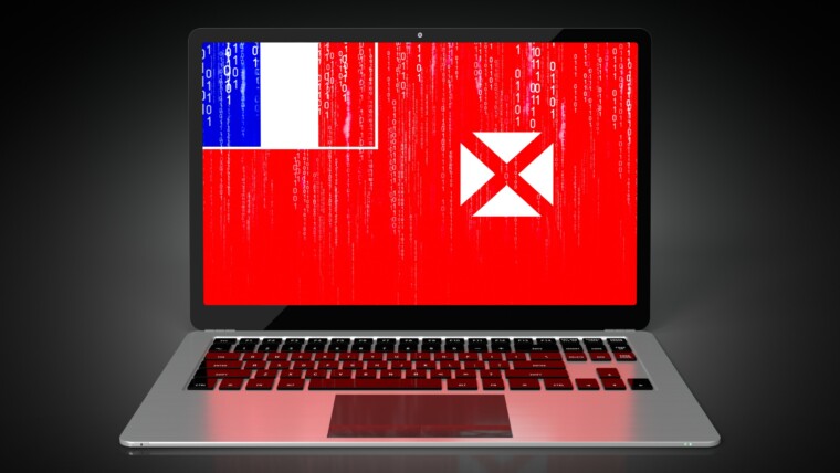 Flaga kraju Wallis i Futuna oraz kod binarny na ilustracji 3D ekranu laptopa
