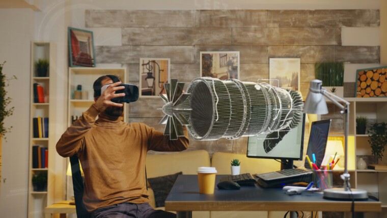 Inżynier prototypuje projekt modelu turbiny w oprogramowaniu produkcyjnym 3D przy użyciu zestawu słuchawkowego wirtualnej rzeczywistości w celu wizualizacji wyniku końcowego. Freelancer opracowujący innowacyjny produkt do silników przemysłowych