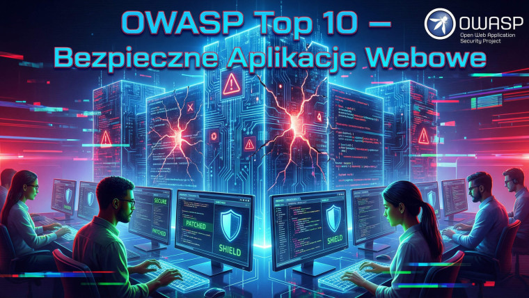 Neonowa grafika OWASP Top 10 – programiści w ciemnym pokoju przy monitorach, wielkie logo OWASP, tarcze bezpieczeństwa i ostrzeżenia na tle obwodów.