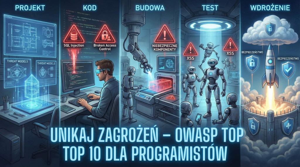 Infografika OWASP Top 10 w cyklu życia projektu – zagrożenia (SQLi, XSS, Broken Components) na etapach: projekt, kod, budowa, test, wdrożenie.