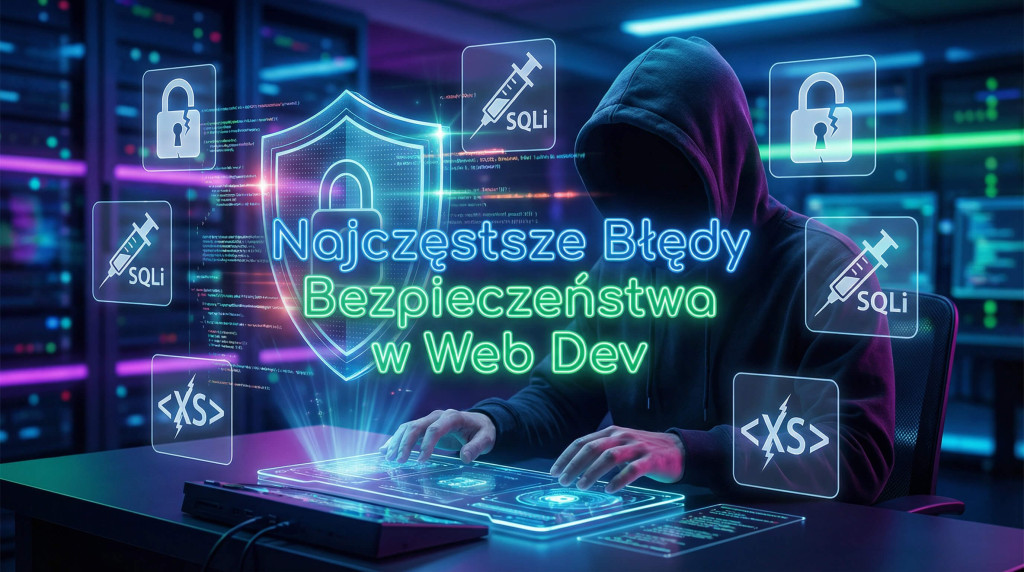 Neonowa ilustracja hakera w kapturze przed tarczą bezpieczeństwa, ikony SQL Injection, XSS, Broken Access Control i ostrzeżenia na fioletowo-niebieskim tle.