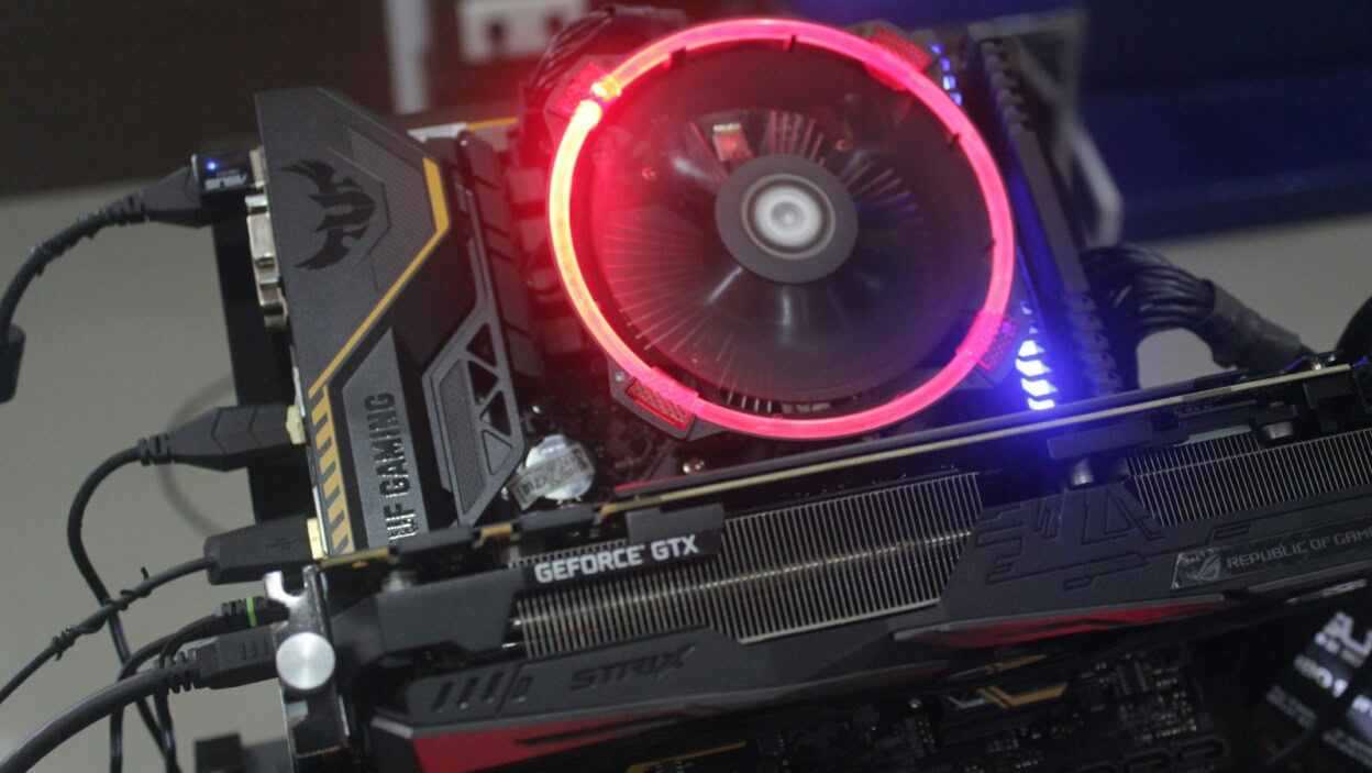 lighted black and gray graphics card